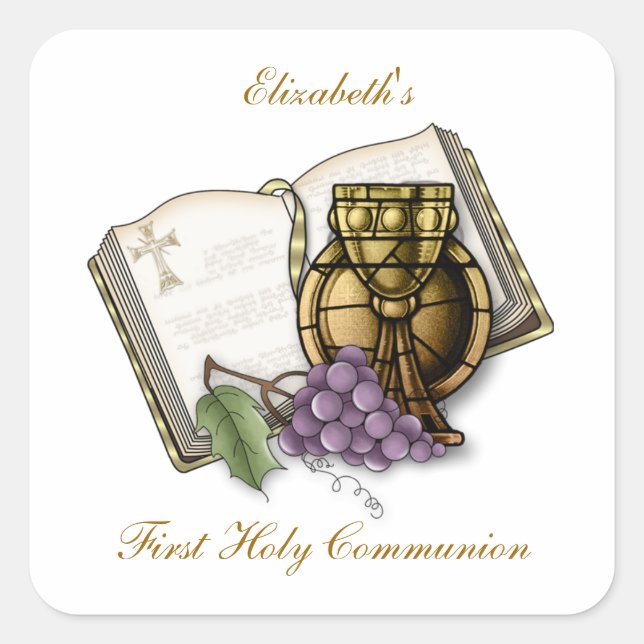 Sticker Carré Première communion Chalice, Bible, Raisins (Devant)