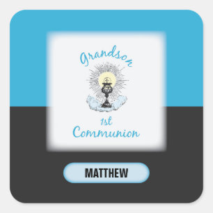 Sticker Carré Première communion de petit-fils, tasse bleue