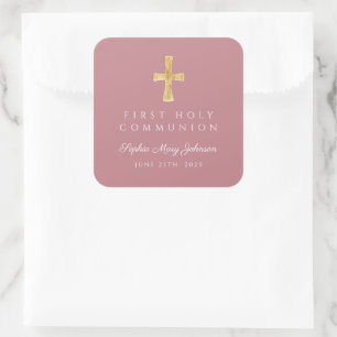 Sticker Carré Première communion fille croix rose élégante