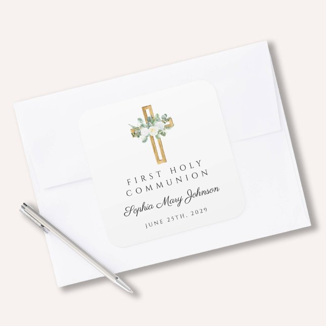 Sticker Carré Première communion florale blanche élégante (Elegant White Floral First Communion Square Sticker)