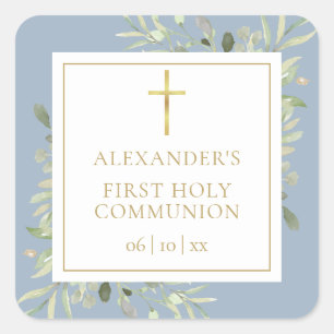 Sticker Carré Première communion florale verdure bleu poussiéreu