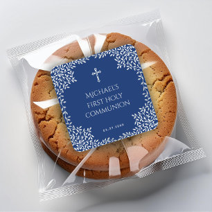 Sticker Carré Première communion garçon bleu royal faux feuilles