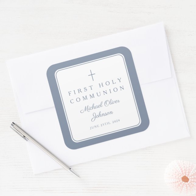 Sticker Carré Première communion garçon croix bleu poussiéreux é (Enveloppe)
