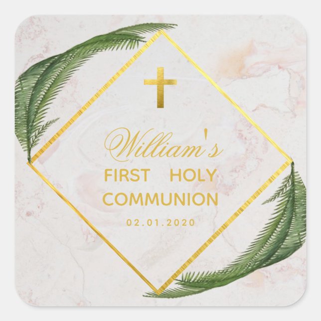 Sticker Carré Première Communion Verdure Faux Gold Marble Fern (Devant)