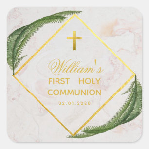 Sticker Carré Première Communion Verdure Faux Gold Marble Fern