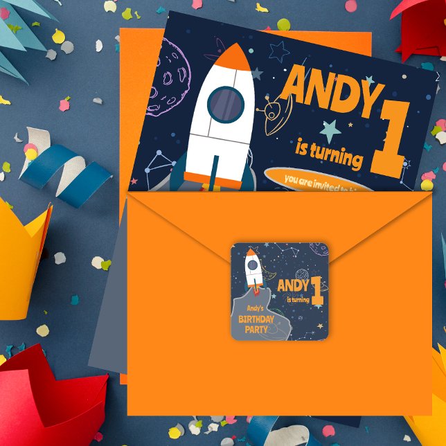 Sticker Carré Première fête d'anniversaire de l'espace neutre en (Gender Neutral Outer Space First Birthday Party Square Sticker)