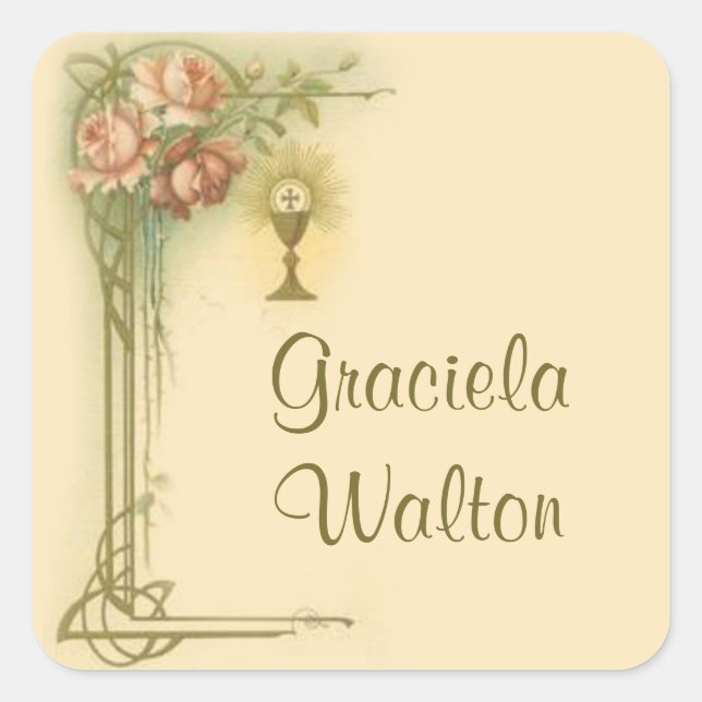 Sticker Carré Première sainte communion Chalice Roses souvenir (Devant)