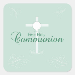 Sticker Carré Première Sainte Communion, écriture en vert doux