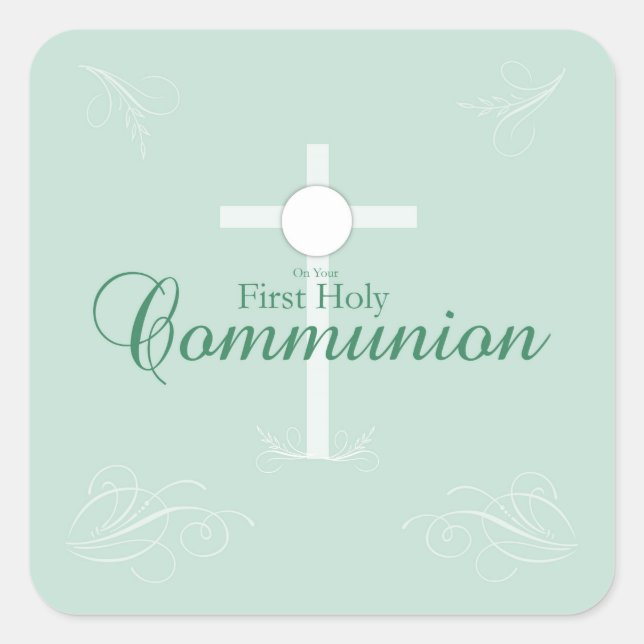 Sticker Carré Première Sainte Communion, écriture en vert doux (Devant)