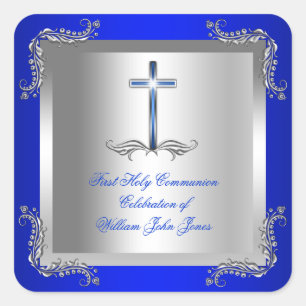 Sticker Carré Première Sainte Communion Garçon Argent Bleu Royal