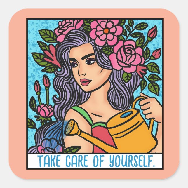 Sticker Carré Prenez soin de vous-même Amour Motivationnel Artsy (Devant)