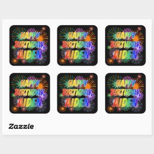 Sticker Carré Prénom "AIDEN", Amusant "HEUREUX ANNIVERSAIRE"