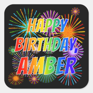 Sticker Carré Prénom "AMBER", Amusant "HEUREUX ANNIVERSAIRE"
