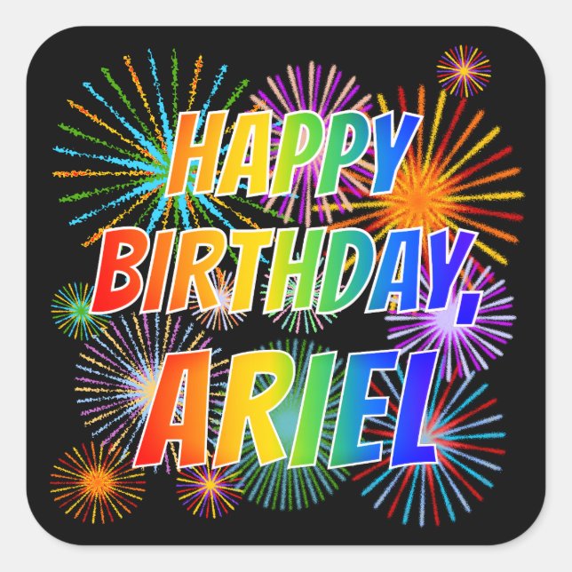 Sticker Carré Prénom "ARIEL", Amusant "HEUREUX ANNIVERSAIRE" (Devant)