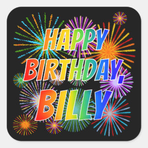 Sticker Carré Prénom "BILLY", amusant "HEUREUX ANNIVERSAIRE"