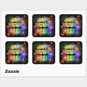 Sticker Carré Prénom "CASEY", Fun "HEUREUX ANNIVERSAIRE"