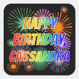 Sticker Carré Prénom "CASSANDRA", Fun "HEUREUX ANNIVERSAIRE"