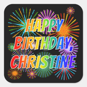 Sticker Carré Prénom "CHRISTINE", Amusant "HEUREUX ANNIVERSAIRE"