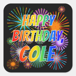 Sticker Carré Prénom "COLE", Amusant "HEUREUX ANNIVERSAIRE"