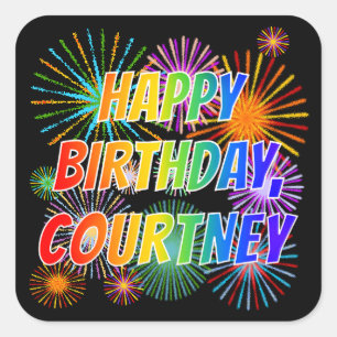 Sticker Carré Prénom "COURTNEY", amusant "HEUREUX ANNIVERSAIRE"