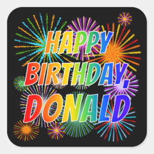 Sticker Carré Prénom "DONALD", Amusant "HEUREUX ANNIVERSAIRE"