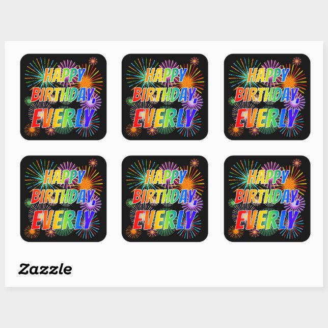 Sticker Carré Prénom "EVERLY", Amusant "HEUREUX ANNIVERSAIRE" (Feuille)