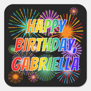 Sticker Carré Prénom "GABRIELLA", Amusant "HEUREUX ANNIVERSAIRE"