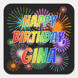Sticker Carré Prénom "GINA", Amusant "HEUREUX ANNIVERSAIRE"