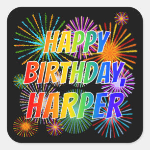 Sticker Carré Prénom "HARPER", Fun "HEUREUX ANNIVERSAIRE"