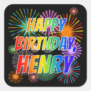 Sticker Carré Prénom "HENRY", amusant "HEUREUX ANNIVERSAIRE"