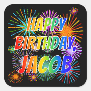 Sticker Carré Prénom "JACOB", Amusant "HEUREUX ANNIVERSAIRE"