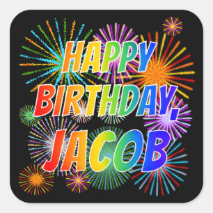 Sticker Carré Prénom "JACOB", Fun "HEUREUX ANNIVERSAIRE"