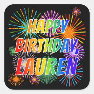 Sticker Carré Prénom "LAUREN", amusant "HEUREUX ANNIVERSAIRE"