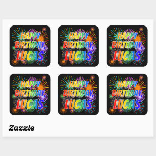 Sticker Carré Prénom "LUCAS", Amusant "HEUREUX ANNIVERSAIRE"