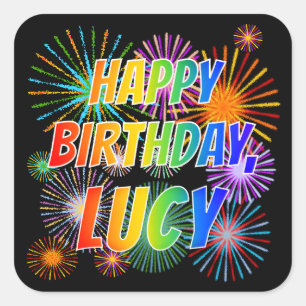 Sticker Carré Prénom "LUCY", Amusant "HEUREUX ANNIVERSAIRE"