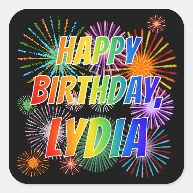 Sticker Carré Prénom "LYDIA", Amusant "HEUREUX ANNIVERSAIRE" (Devant)