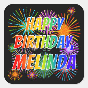 Sticker Carré Prénom "MELINDA", Amusant "HEUREUX ANNIVERSAIRE"