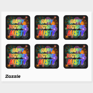 Sticker Carré Prénom "MISTY", Amusant "HEUREUX ANNIVERSAIRE"