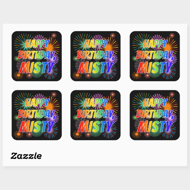 Sticker Carré Prénom "MISTY", Amusant "HEUREUX ANNIVERSAIRE" (Feuille)