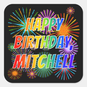Sticker Carré Prénom "MITCHELL", Amusant "HEUREUX ANNIVERSAIRE"