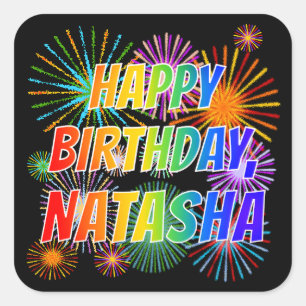 Sticker Carré Prénom "NATASHA", Amusant "HEUREUX ANNIVERSAIRE"