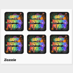Sticker Carré Prénom "PEYTON", Fun "HEUREUX ANNIVERSAIRE"