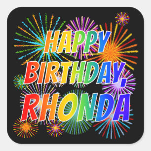 Sticker Carré Prénom "RHONDA", Fun "HEUREUX ANNIVERSAIRE"