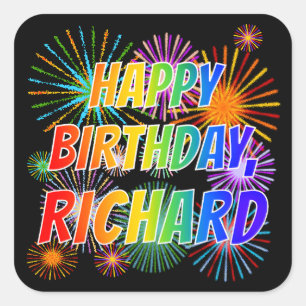 Sticker Carré Prénom "RICHARD", Amusant "HEUREUX ANNIVERSAIRE"
