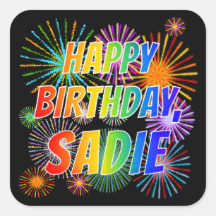 Sticker Carré Prénom "SADIE", Fun "HEUREUX ANNIVERSAIRE"