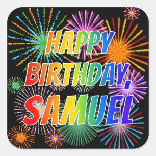 Sticker Carré Prénom "SAMUEL", amusant "HEUREUX ANNIVERSAIRE"