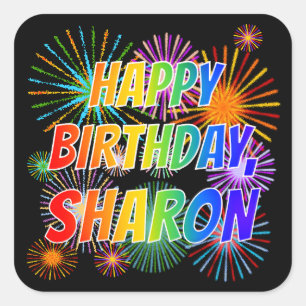 Sticker Carré Prénom "SHARON", Amusant "HEUREUX ANNIVERSAIRE"