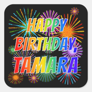 Sticker Carré Prénom "TAMARA", Amusant "HEUREUX ANNIVERSAIRE"