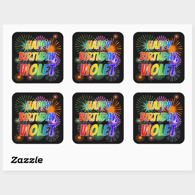 Sticker Carré Prénom "VIOLET", Amusant "HEUREUX ANNIVERSAIRE" (Feuille)