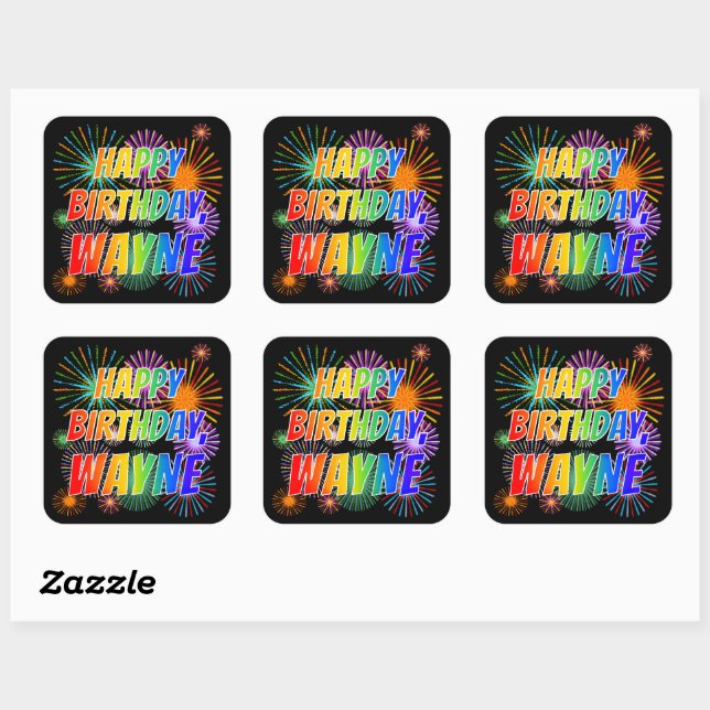 Sticker Carré Prénom "WAYNE", Amusant "HEUREUX ANNIVERSAIRE" (Feuille)
